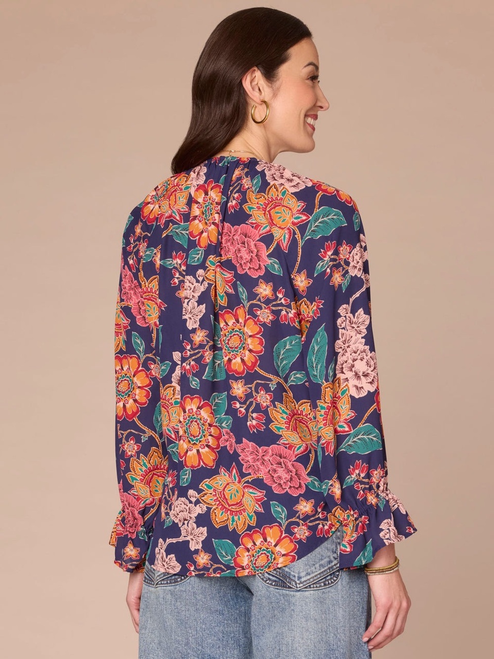 Democracy Floral Longsleeve Vneck Ruffle Peasant Blouse X-Large - Picture 6 of 12